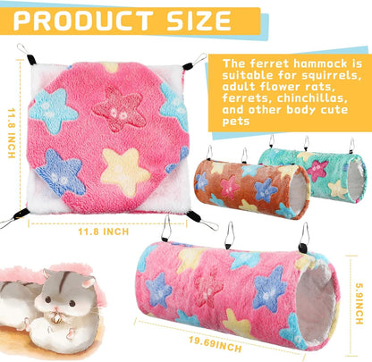 Sweetude 6 Pcs Rat Hammock Set Ferret Hanging Tunnel 3 Tier Guinea Pig Hammocks Hideout Soft Chinchilla Bed for Cage Accessories Hide,Play and Sleep(Dreamy,Star)