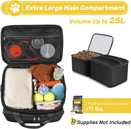 6 Set Dog Travel Bag, Large Pet Supplies for Dogs, Includes 2 Collapsible Dog Bowls, 2 Food Containers, 1 Treat Pouch with Pet Travel Bag, Black