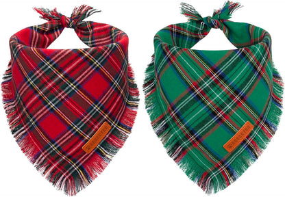 ADOGGYGO Christmas Dog Bandanas with Tassels, Stylish Plaid Dog Scarf Bib, Premium Cotton Fabric, Red Green Christmas Bandanas for Large and Extra Large Dogs Pets (X-Large)