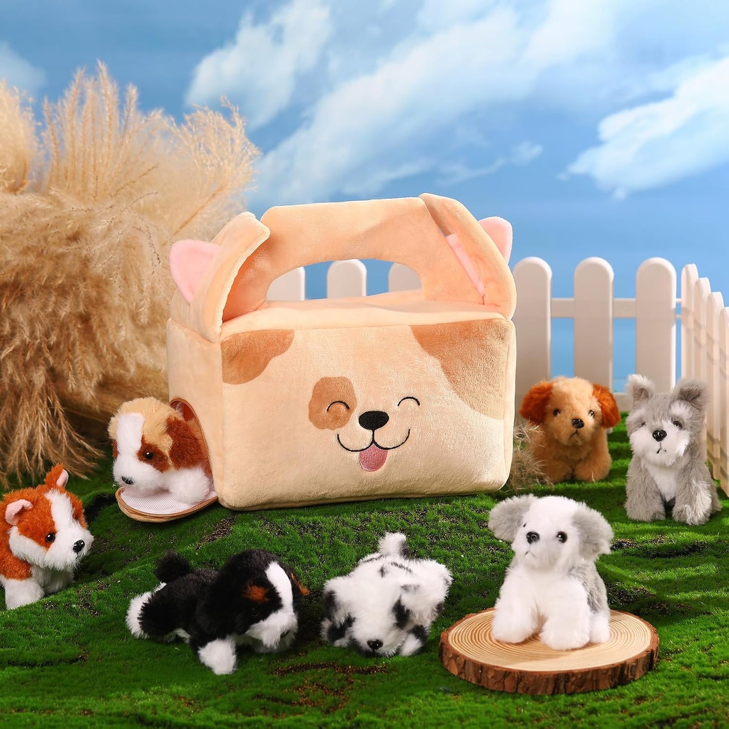 8 Pcs Dog Stuffed Animal Set Plush House with 7 Soft Stuffed Animal Plush Toy for Kids Christmas Birthday Halloween Pet Gift Party Favors Goodie Bags Stuffers