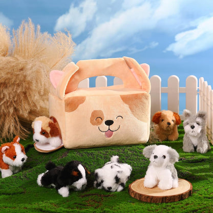 8 Pcs Dog Stuffed Animal Set Plush House with 7 Soft Stuffed Animal Plush Toy for Kids Christmas Birthday Halloween Pet Gift Party Favors Goodie Bags Stuffers