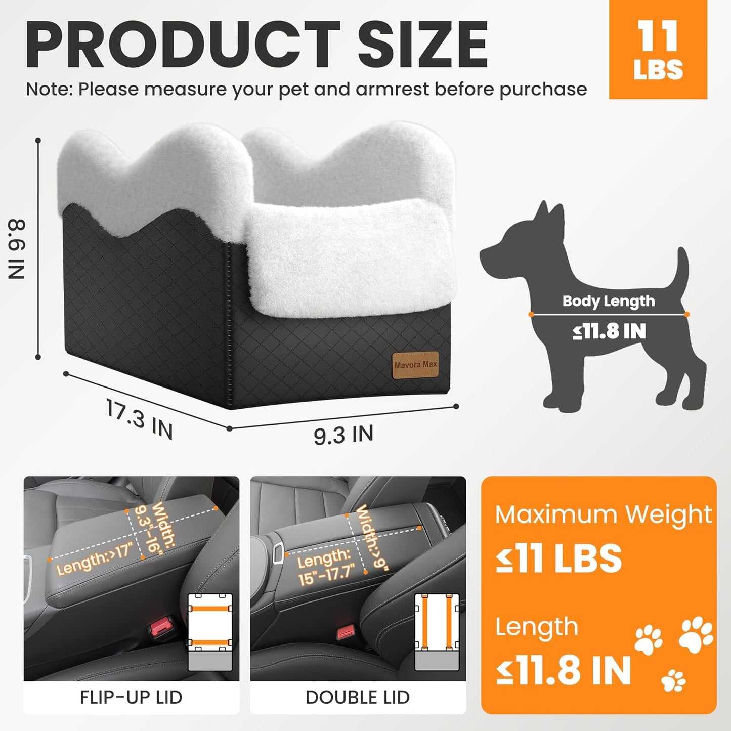 Portable Small Dog Seat for Car, Luxury Center Console Dog Car Seat Booster with Safety Tethers, Auti-Collapse Pet Travel Carseat for SUV, Truck (Black/White)