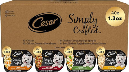 Cesar Simply Crafted Adult Wet Dog Food Meal Topper, Chicken Recipes and Beef Recipe Variety Pack, 1.3 oz. Trays (40 Count, Pack of 1)