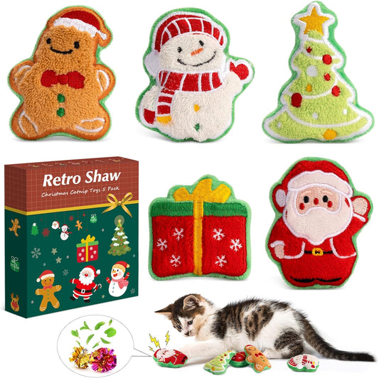Retro Shaw 5Pcs Christmas Catnip Toys, Crinkle Sound Cat Toys for Indoor Kittens Kitty, Fun Cat Gift Interactive Cat Nip Kicker Teeth Cleaning Pet Toy for All Breeds