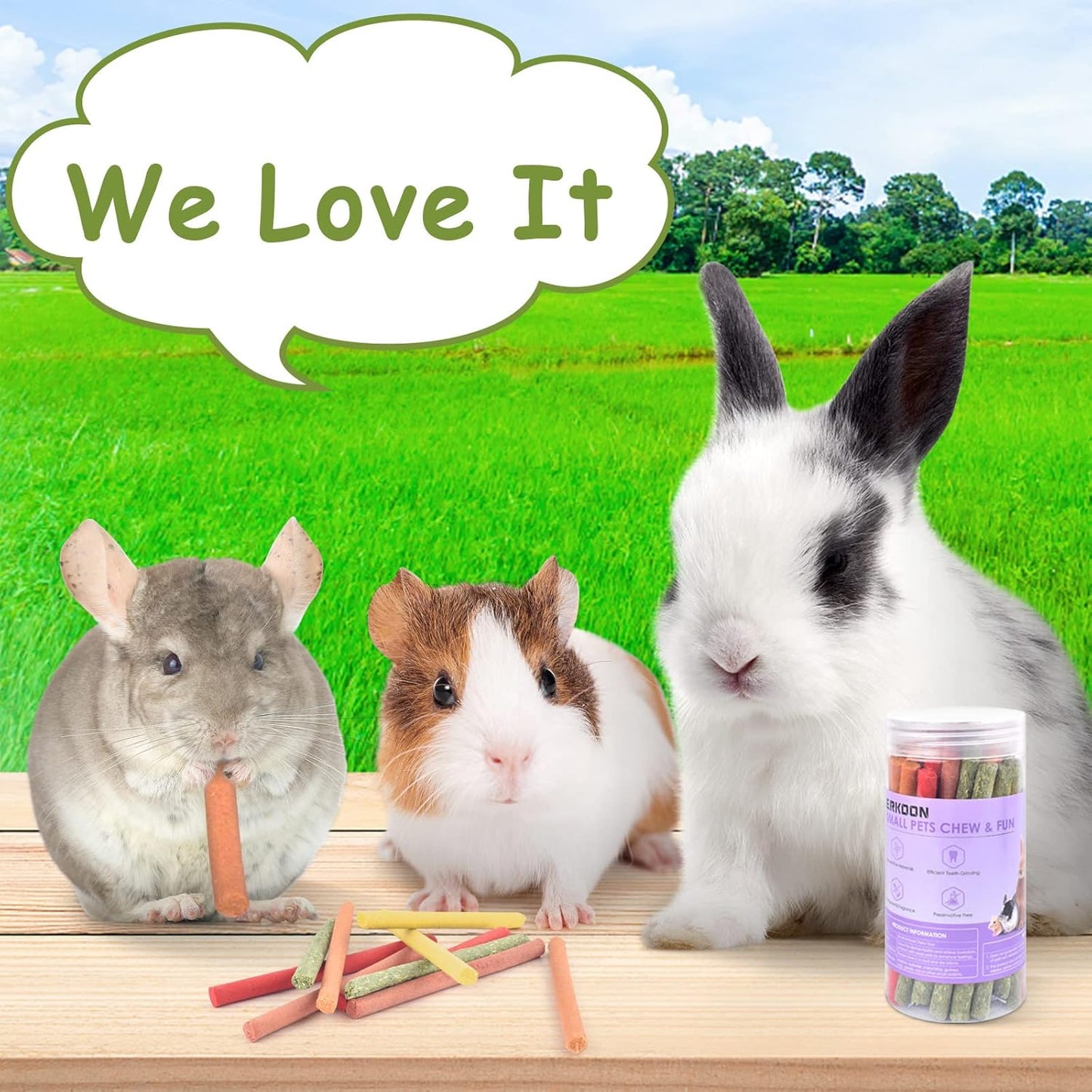 ERKOON 40Pcs Rabbit Timothy Hay Sticks, Five Flavors：PurplePotato/TimothyHay/Pumpkin/Strawberry/Carrot，Suitable Guinea Pig, Hamste, Gerbil, Chinchilla Treats, Chew Toys for Teeth for Bunnies ﻿