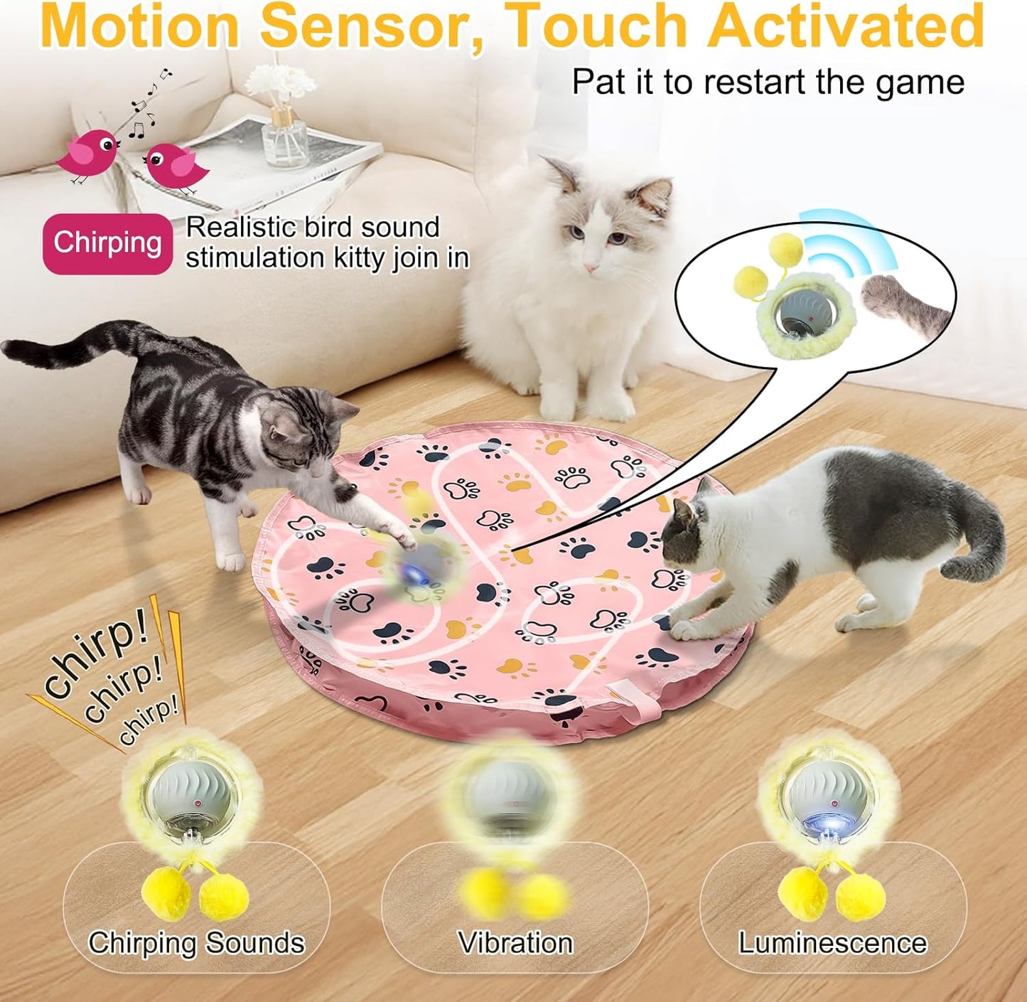 Interactive Cat Toys Ball, Automatic Motion Activated Ball in Pouch Fast Rolling Indoor, Hide and Seek Mouse Catching Game in Cat Play Mat with Chirping, LED Light, Auto On/Off (Pink)