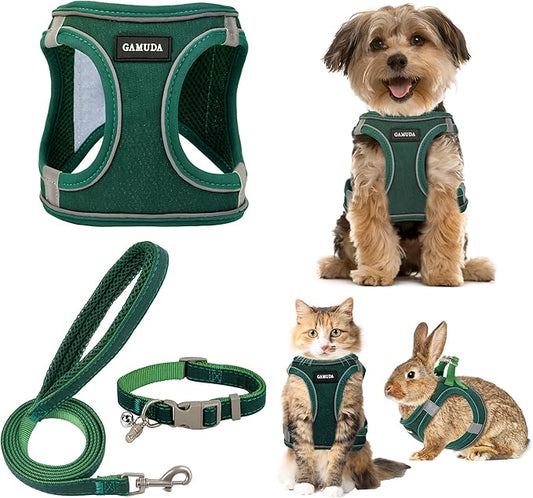 GAMUDA Small Pet Harness Collar and Leash Set, Step in No Chock No Pull Linen Fabric Soft Mesh Dog Vest Harnesses Reflective for Dogs Puppy Cats Kitten Rabbit (Green, L)