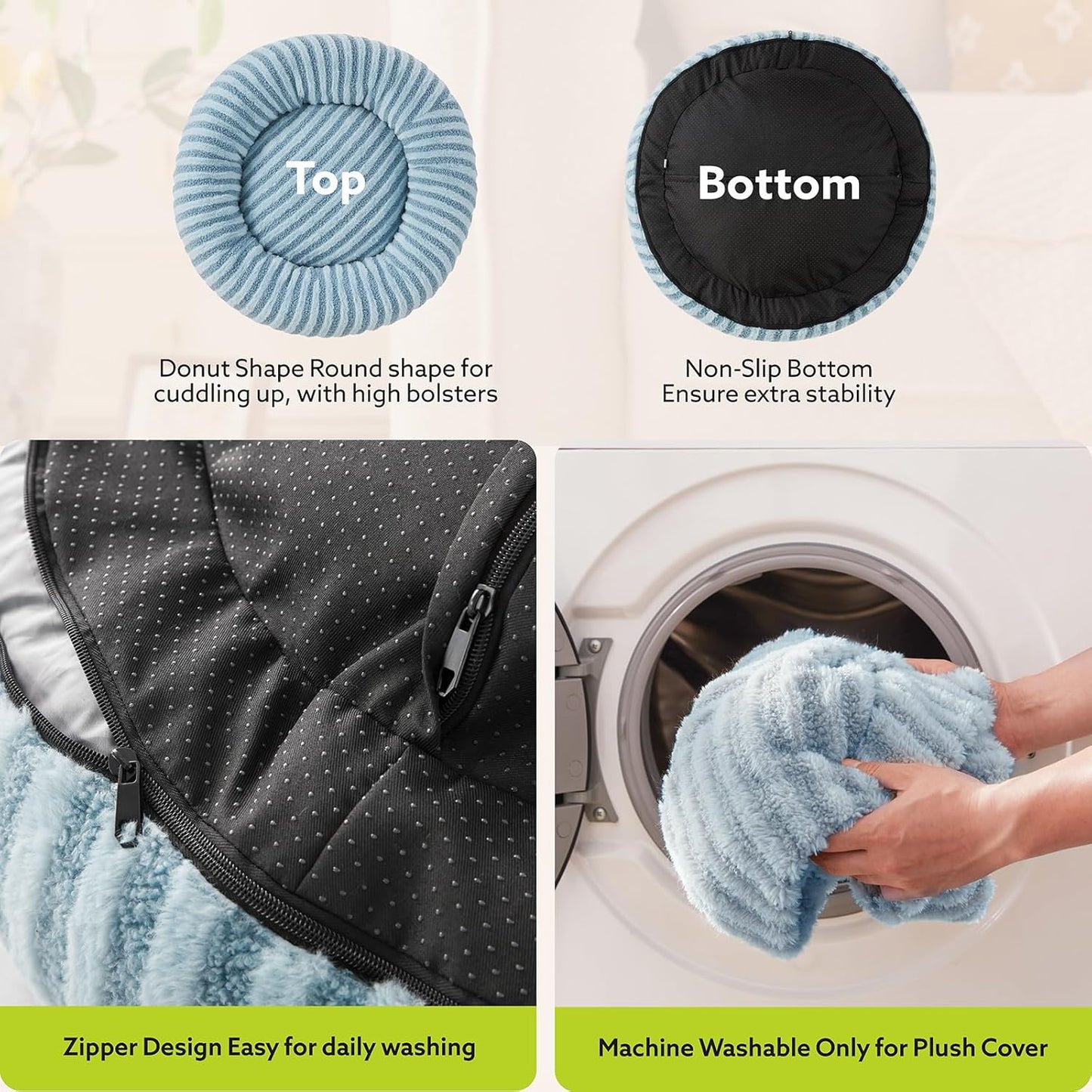 MIXJOY Dog Beds for Small Dogs, Washable Dog Bed with Removable Cover, Small Cat Bed for Indoor Cats, Calming Soft Dount Pet Beds with Anti Slip Bottom, Cute Puppy Beds, 23"x23"x8", Blue