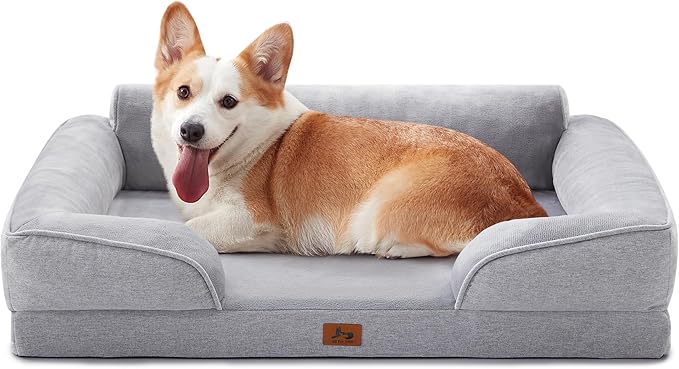 Orthopedic Dog Beds for Large Sized Dogs, Waterproof Egg-Crate Foam Pet Couch Bed with Soft Side, Non-Slip Dog Sofa with Flannel Removable Washable Cover, 35"L Supportive Pet Sofa, Light Grey