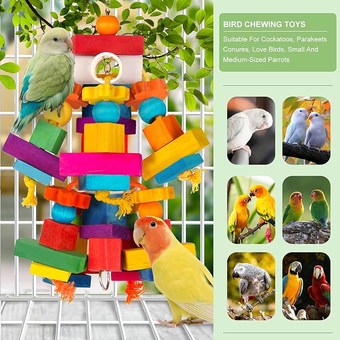 Kyouki Large Parrot Toy, Bird Toys for Cockatoos,Macaws, African Grey, Amazon Parrots,Conures, Lovebirds, Multicolored Natural Wooden Blocks Chewing Toys Bird Cage Accessories (Colorful)