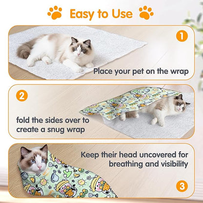 27.6" Large Cat Grooming Wrap, Cat Grooming Supplies, Cat Wrap for Cutting Nails, Self-Adhesive Cat Grooming Bag for Cats Within 15lbs Cat Restraint for Nail Clipping, Medicine Taking(Green)