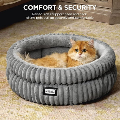 BALANCE Cat Bed Kitten Bed, Washable Round Cat Beds for Indoor Cats,Super Soft Plush Faux Fur Pet Bed for Puppy and Kitten with Anti-Slip Bottom
