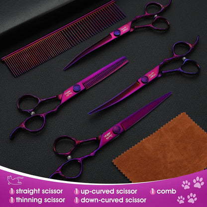 JASON Professional 6 in 1 Dog Shears Kit - 6.5" Thinning, 7" Straight, 7" Up-Curved, 7" Down-Curved Scissors and Comb for Cat, Pet with Adjustable Screw (Purple)