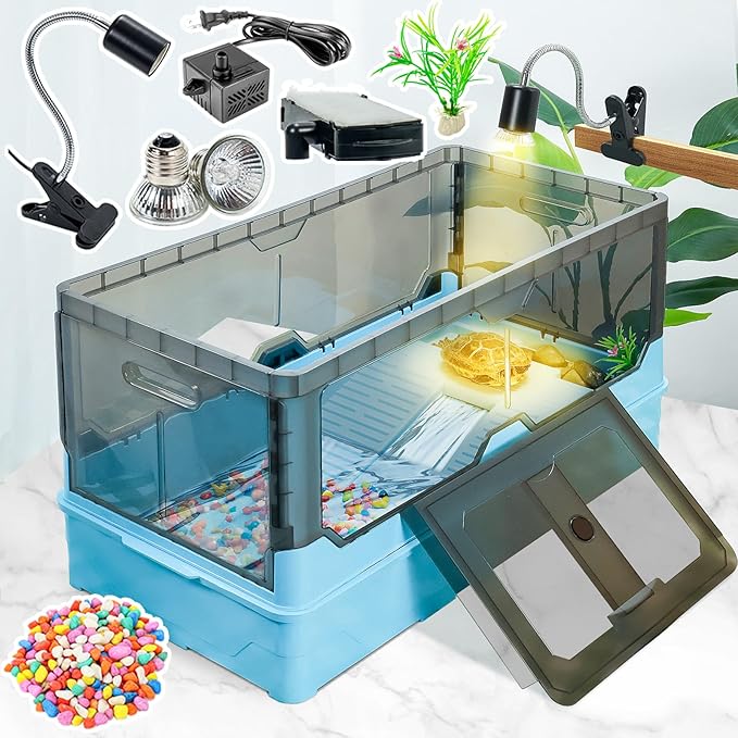 Turtle Tank kit with Filter+Water Pump+Heat lamp, Wheels, Easy to Move, Imitate The Natural Flows, Suitable for Small Turtle Horned Frog Hermit (XL, Blue)