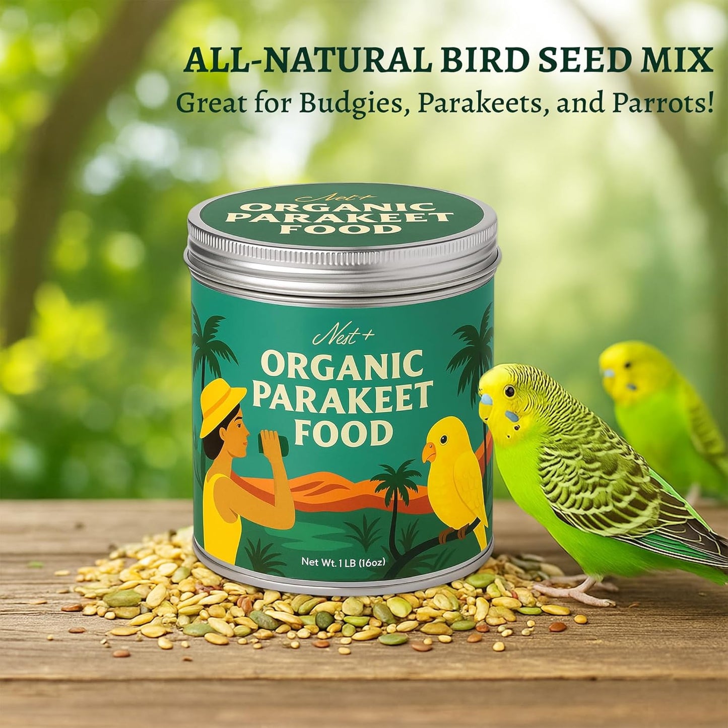Premium Bird Seed Parakeet Food | Organic Parakeet Bird Seeds with Oat Groats, Amaranth & Super Veggies | Perfect Bird Food, Pretty Parrot & Budgie Food | Reusable Tin (1lb)