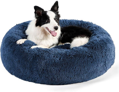 Bedsure Calming Dog Bed for Large Dogs - Donut Washable Large Pet Bed, 36 inches Anti Anxiety Round Fluffy Plush Faux Fur Dog Bed, Fits up to 80 lbs Pets, Navy