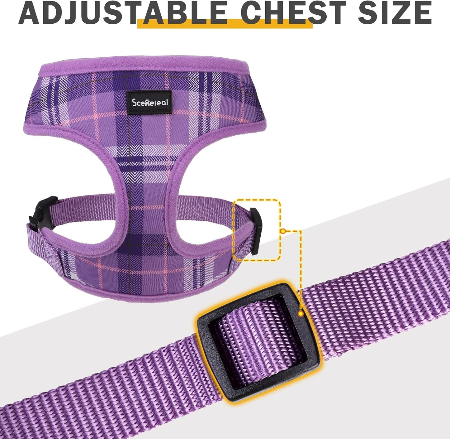 SCENEREAL No Pull Dog Harness Collar and Leash Set Small Medium Sized Dog, Soft Mesh Step in Puppy Harnesses, No Chock Plaid Adjustable Pet Vest for Outdoor Walking Training and Running, Purple XS