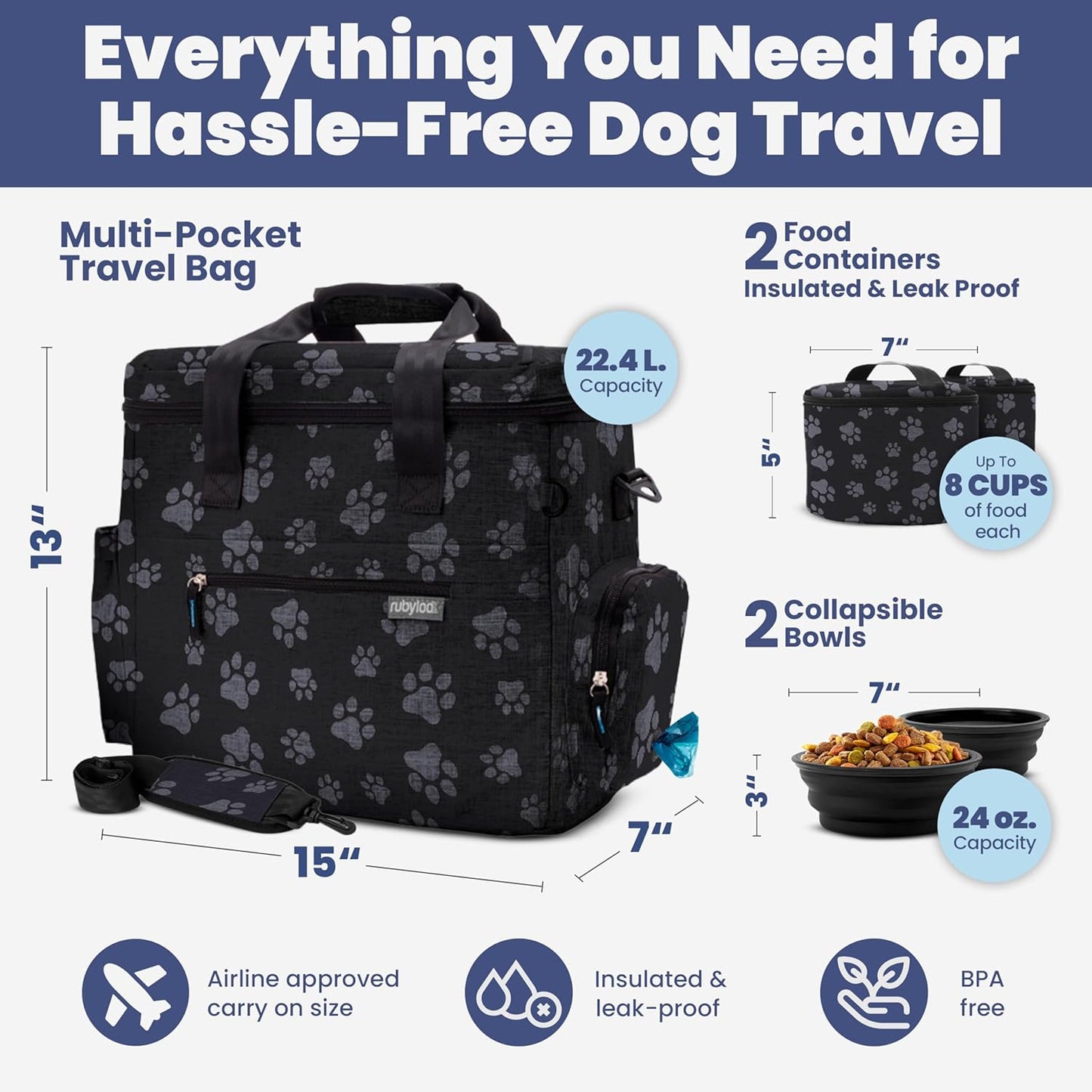 The Original Doggy Bag™- Dog Travel Bag for Supplies - Ultimate Gift for Dog Moms & Dads, Doggy Lovers & Pet Owners for Christmas- Includes 2 BPA-Free Travel Bowls and 2 Food Containers: Paw Print