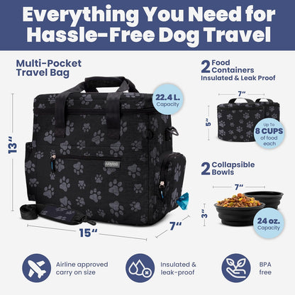 The Original Doggy Bag™- Dog Travel Bag for Supplies - Ultimate Gift for Dog Moms & Dads, Doggy Lovers & Pet Owners for Christmas- Includes 2 BPA-Free Travel Bowls and 2 Food Containers: Paw Print