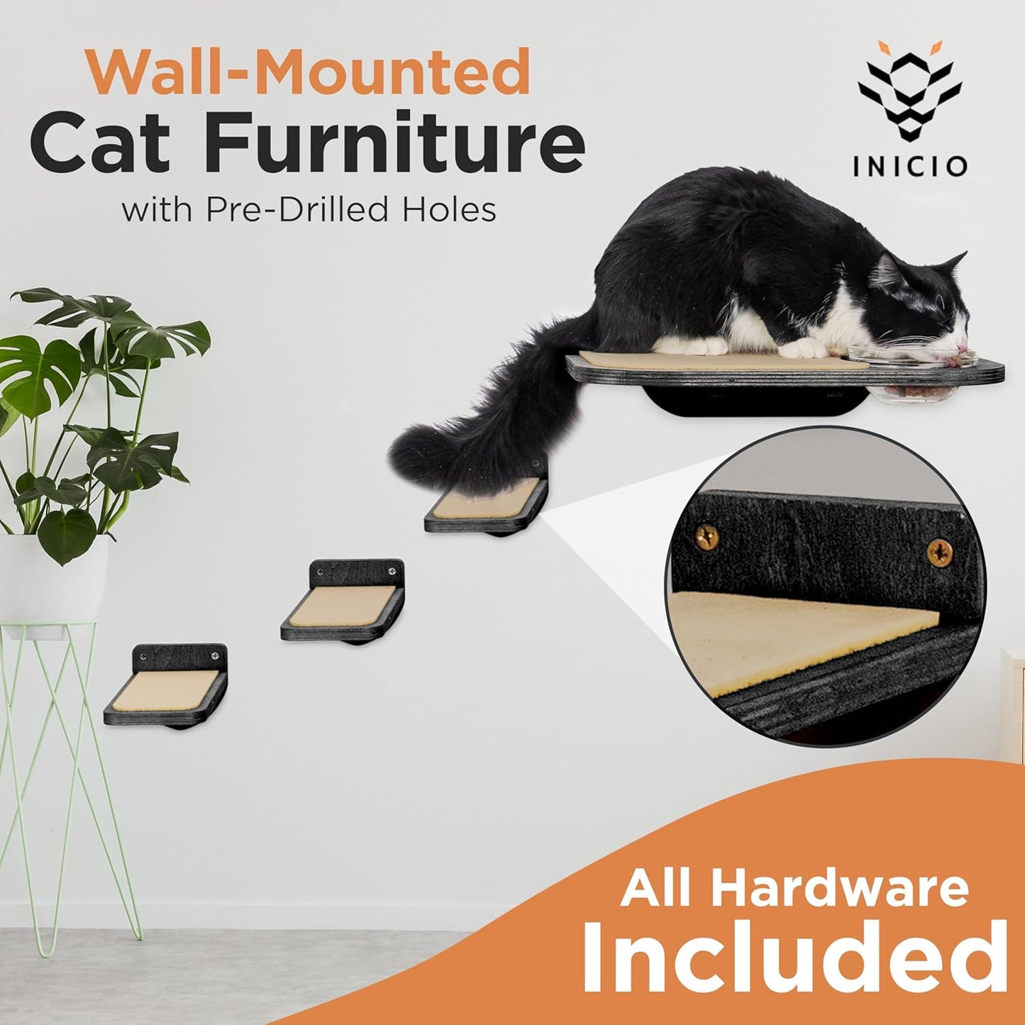 INICIO Cat Wall Shelves – Dog Proof Feeding Station with Wall Mounted Shelves, Durable 3 Step Birch Floating Shelf for Cats Up to 15lbs, Includes Attached Cat Food Bowl for Convenient Feeding – Black