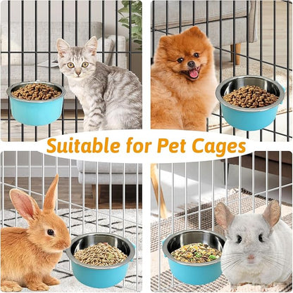 Hamiledyi Crate Dog Bowl Cat - Removable Stainless Steel Hanging No Spill Pet Bowl for Kennels Durable Detachable Design Fits Small Medium Dog Cages (2 Pcs, Blue