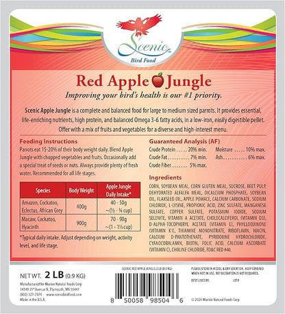 Scenic Apple Jungle Premium Parrot Food - Apple, Natural Flavors, High Protein, Low Iron Bird Pellets for Large Parrots, Macaw Food, Cockatoo & African Grey Parrots, Omega 3, Vitamins, Minerals, 2 LB