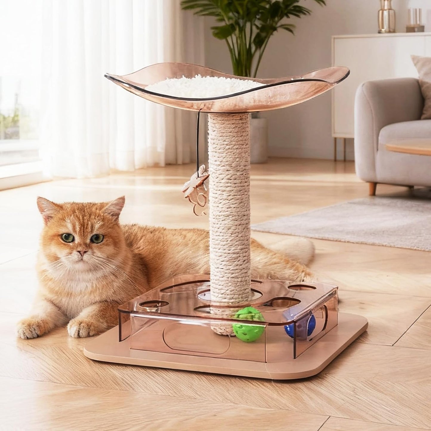 Modern 3-in-1 Interactive Cat Toy with Puzzle Box, Cat Bed/Perch & Scratching Posts, Colorful Jingle Balls, Dangling Accent, Puzzle Toys for Indoor Cats, Acrylic, Pink