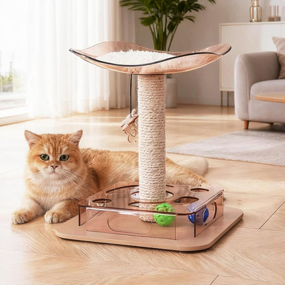Modern 3-in-1 Interactive Cat Toy with Puzzle Box, Cat Bed/Perch & Scratching Posts, Colorful Jingle Balls, Dangling Accent, Puzzle Toys for Indoor Cats, Acrylic, Pink