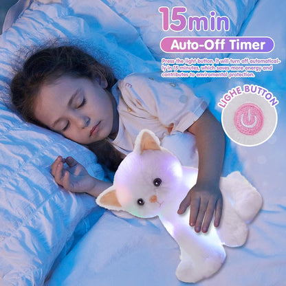 Houwsbaby Light up Cat Stuffed Animal LED Glowing Kitty Plush Toy Floppy Kitten Toy Night Lights Birthday Presents for Kids Toddler Girls, White, 12''