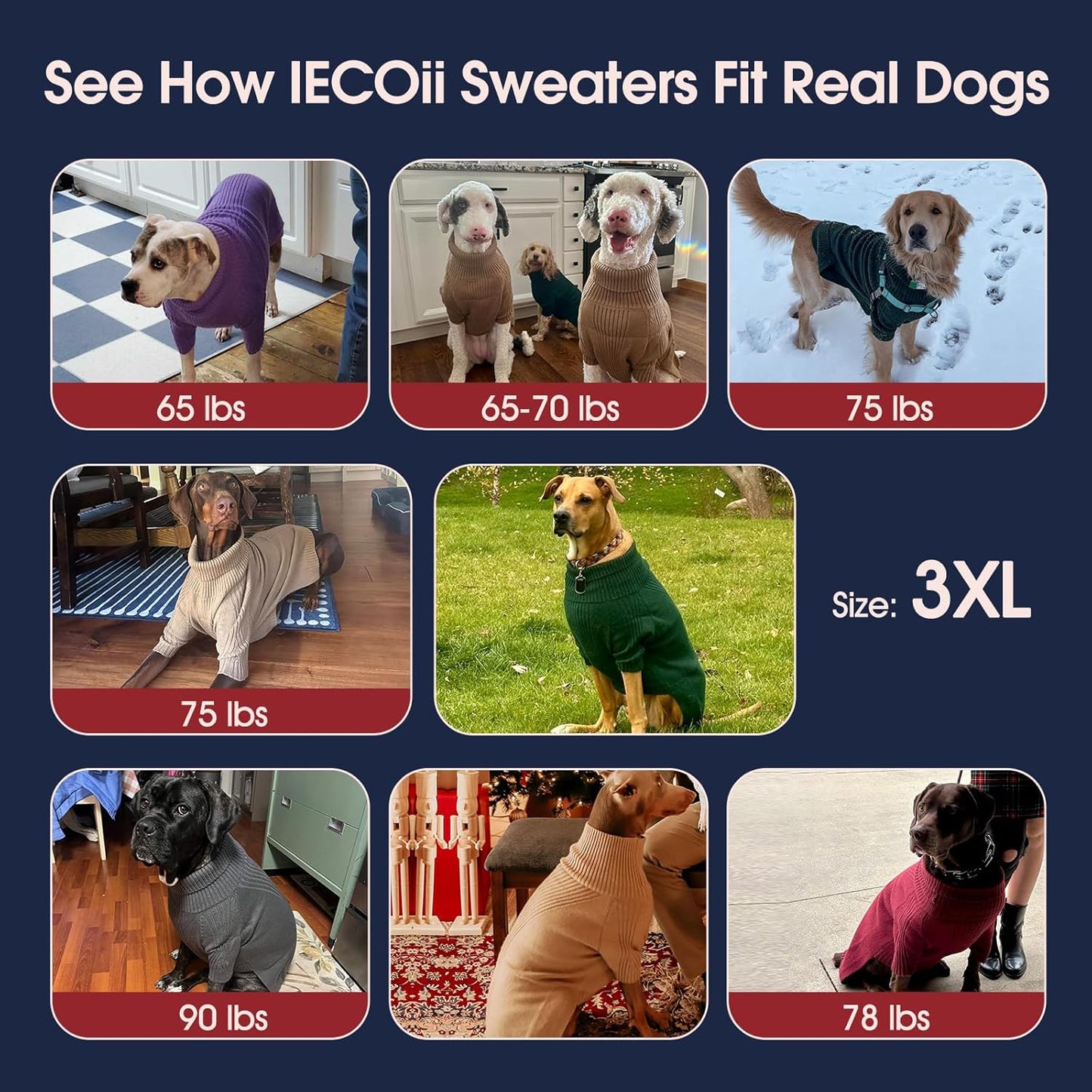 IECOii XXXL Dog Sweater,Warm Dog Sweaters for Extra Large Dogs Girl Boy,Stretchy & Cozy,Turtleneck Knitted Pullover for Pet Wear On Holiday,Easy On Doggy Sweatshirt for Labrador (Pink,XXXL)