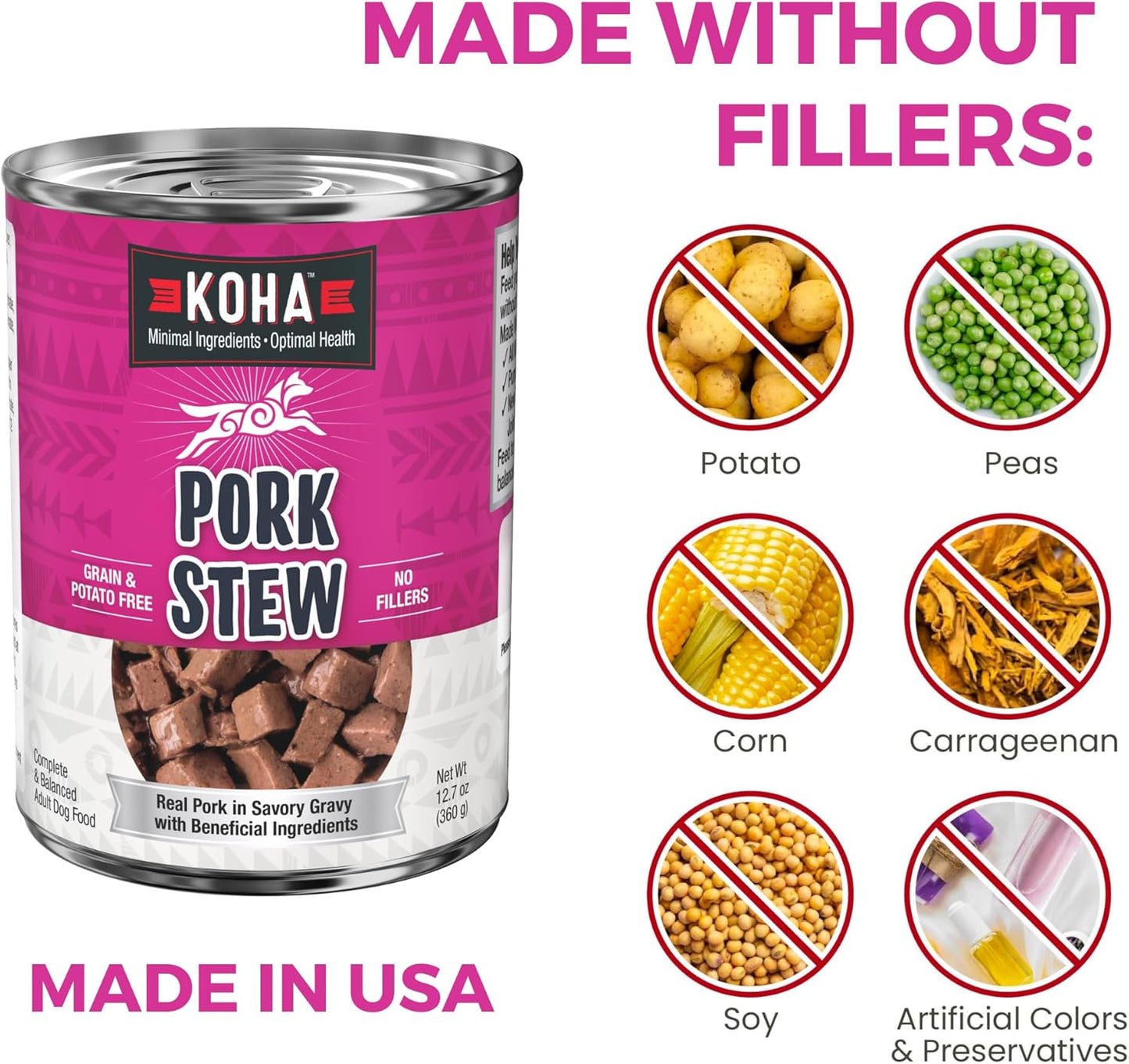KOHA Minimal Ingredient Pork Stew for Dogs, High Protein Limited Ingredient Dog Food, 12.7oz Cans (Case of 12)