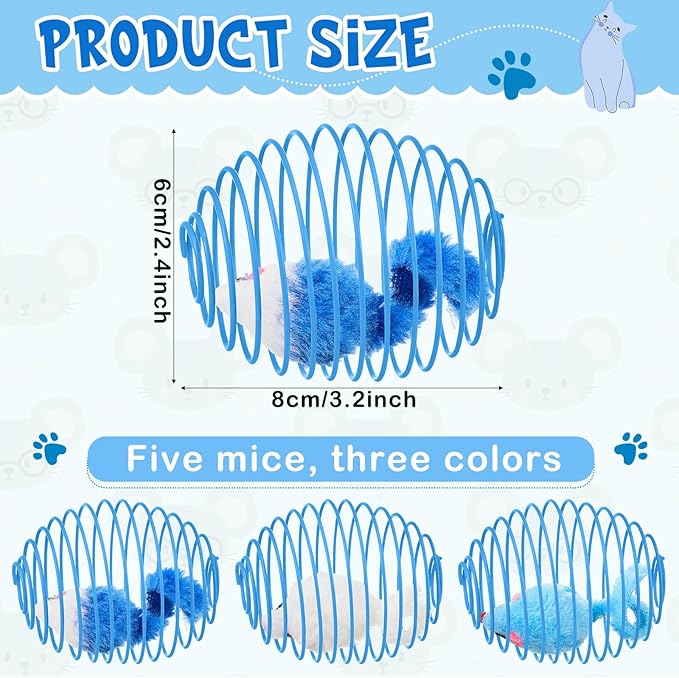 Jecery 5 Pcs Halloween Cat Spring Balls Toys Stretchable Rolling Balls Colorful Playful Coils Interactive Spring Action Toy Caged Rats for Kitten Cat Pet Supplies(Mouse,Blue White,5 Pcs)