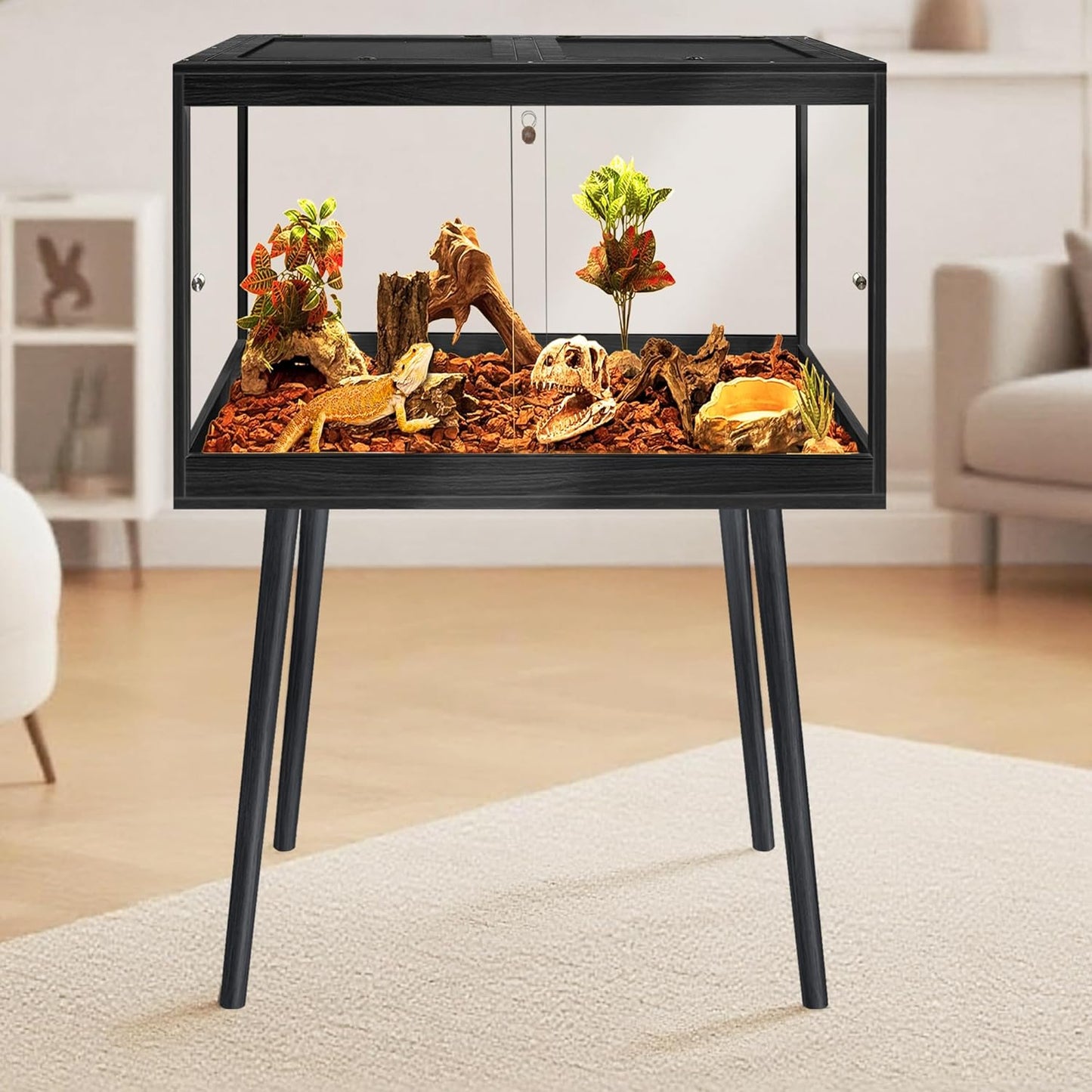 Prolee Bearded Dragon Tank with Leg Stand,Wooden Lizard Tank,Reptile Tank with Metal Mesh Roof Door, Acrylic Panel Snake Tank with Lock Design,Black,24"x16"x16"