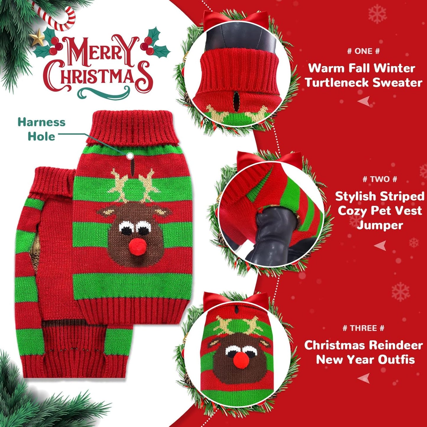 PETCARE Dog Christmas Sweater with Leash Hole Cute Striped Reindeer Dog Clothes for Small Medium Large Dogs Girl Boy Warm Fall Winter Knitted Pullover Vest Pet Puppy Cat Xmas Outfits