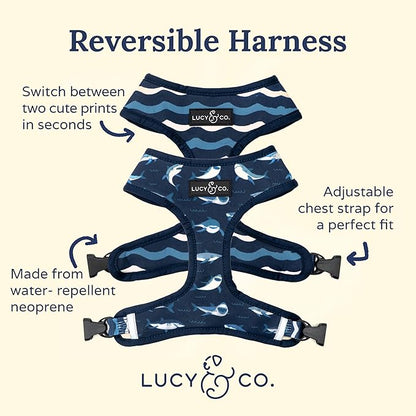 Reversible Dog Harness Walking Halter - Best Designer Pet Harnesses for Extra Small Medium Large XL Dogs Plus Pug Breeds - Padded Adjustable Puppy Vest for Easy Walking (Large, Shark Attack)