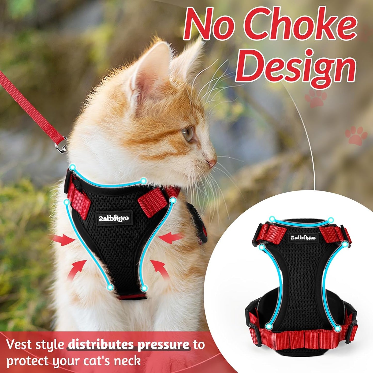 rabbitgoo Cat Harness and Leash for Walking, Escape Proof Soft Adjustable Vest Harnesses for Cats, Easy Control Breathable Reflective Strips Jacket, Black & Red, XS