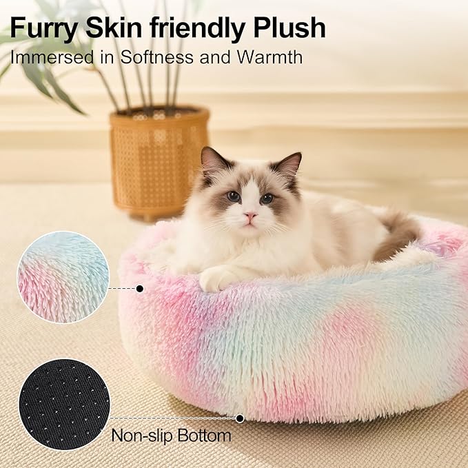 Calming Dog Beds & Cat Cave Bed with Hooded Cover,Removable Washable Round Beds for Small Medium Pets,Anti-Slip Faux Fur Fluffy Coved Bed for Improved Sleep,Fits up to 15/25 lbs(Colorful,S)