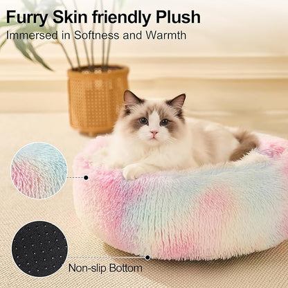Calming Dog Beds & Cat Cave Bed with Hooded Cover,Removable Washable Round Beds for Small Medium Pets,Anti-Slip Faux Fur Fluffy Coved Bed for Improved Sleep,Fits up to 15/25 lbs(Colorful,S)