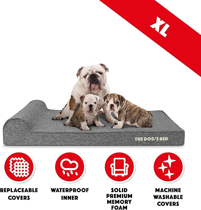 The Dog’s Bed Orthopedic Headrest Dog Bed XL Grey Linen, Memory Foam, Pain Relief for Arthritis, Hip & Elbow Dysplasia, Post Surgery, Lameness, Waterproof Washable Cover