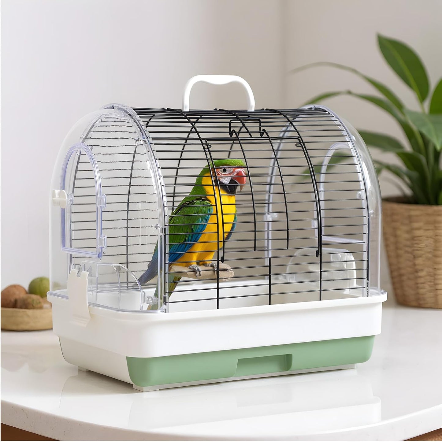 Portable Bird Cage Carrier, Travel Parrot Cage with 2 Perches, 2 Food Bowls and Tray, Metal Parakeet Cages for Small to Medium Sized Birds Cockatiels Lovebirds Canaries Budgies