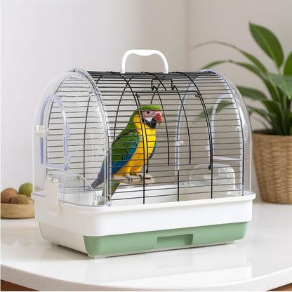 Portable Bird Cage Carrier, Travel Parrot Cage with 2 Perches, 2 Food Bowls and Tray, Metal Parakeet Cages for Small to Medium Sized Birds Cockatiels Lovebirds Canaries Budgies