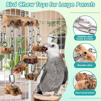 Bird Toys for Parrots, Durable Wooden Large Parrot Toy with Stainless Steel, Hanging Natural Chew Hardwood Blocks for Macaws, African Greys, Amazon Parrots, Cockatoos and Small Medium Parakeets