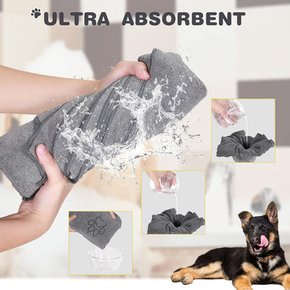 Chumia 4 Pack Dog Towels for Drying Large Microfiber Grooming Tools Absorbent Soft Bath Supplies with Embroidered Paw for Small Medium Pet Products(16 x 32 Inch,Gray)