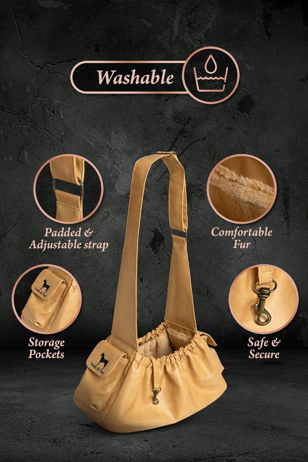 Noah & Paw Dog Sling Carrier for Small Dogs 5-18lb, Dog Sling for Small Dogs and Cats, Dog Carrier with Adjustable Padded Strap, Vegan Leather Lined with Fur, Double Safety Feature, Machine Washable