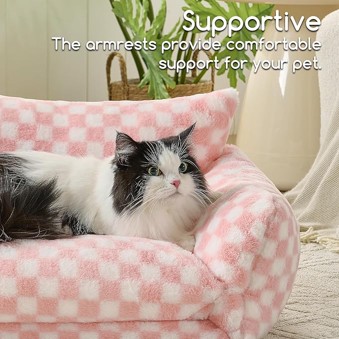 Hollypet Cat Bed Fluffy Plush Mutifuctional Double-Layer Soft Pet Couch Orthopedic Sofa Nest Beds for Small Cats and Dogs, Pink and White (25x20x13 inch)