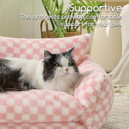 Hollypet Cat Bed Fluffy Plush Mutifuctional Double-Layer Soft Pet Couch Orthopedic Sofa Nest Beds for Small Cats and Dogs, Pink and White (25x20x13 inch)