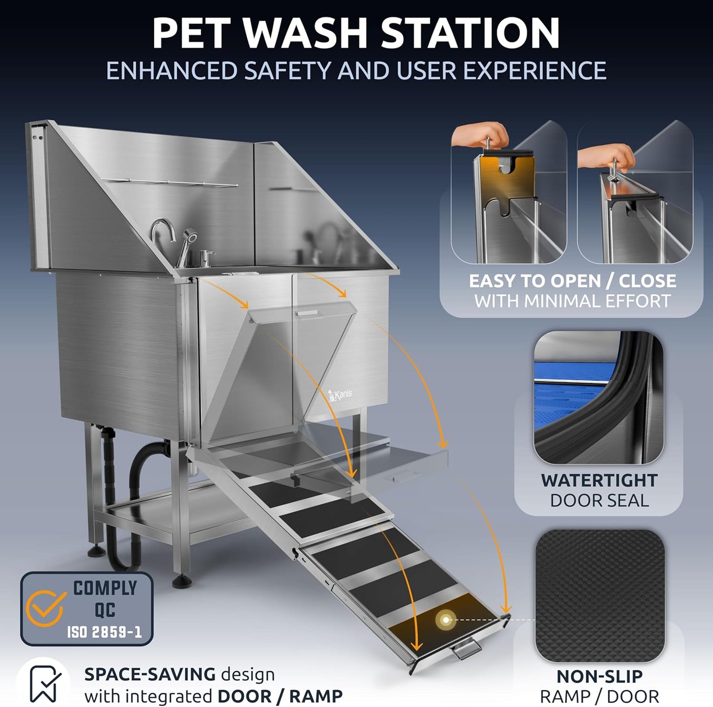KANIS Professional Dog Washing Station - 304 Stainless Steel Pet Wash Sink & Grooming Bathtub w/Shower, Floor Grates and Storage for Large, Medium & Small Pets (40", Shelf - Left Ramp)