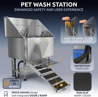 KANIS Professional Dog Washing Station - 304 Stainless Steel Pet Wash Sink & Grooming Bathtub w/Shower, Floor Grates and Storage for Large, Medium & Small Pets (40", Shelf - Left Ramp)