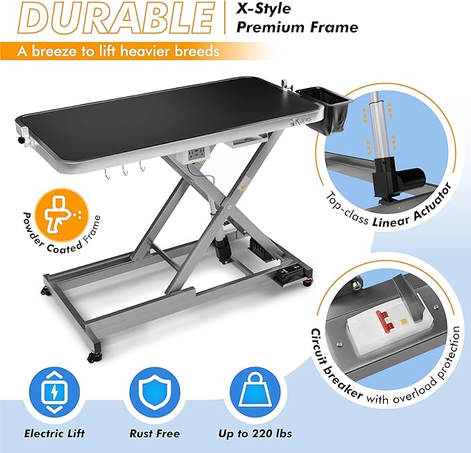 KANIS Professional Electric Dog Grooming Table - Heavy Duty, Height Adjustable Pet Grooming Table w/Leveling Wheels, Grooming Arm, Anti Slip Tabletop & Tool Organizer/Dog Grooming Station (49", Grey)