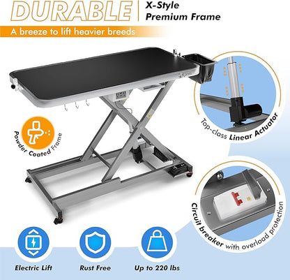 KANIS Professional Electric Dog Grooming Table - Heavy Duty, Height Adjustable Pet Grooming Table w/Leveling Wheels, Grooming Arm, Anti Slip Tabletop & Tool Organizer/Dog Grooming Station (49", Grey)